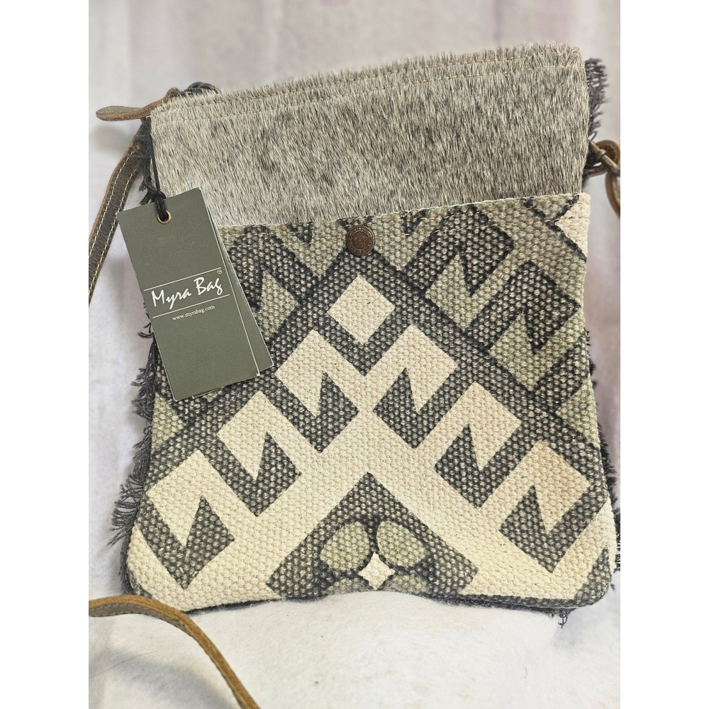 Myra Bag Cowhide Canvas Crossbody Bag Geometric Pattern Upcycled Denim NEW